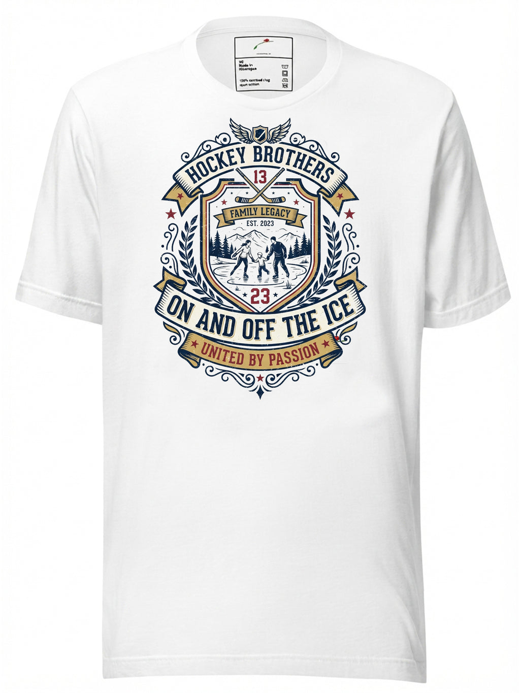 White T-Shirt from LuckeLadybug LLC featuring Hockey Brothers graphic and heritage family credit union design