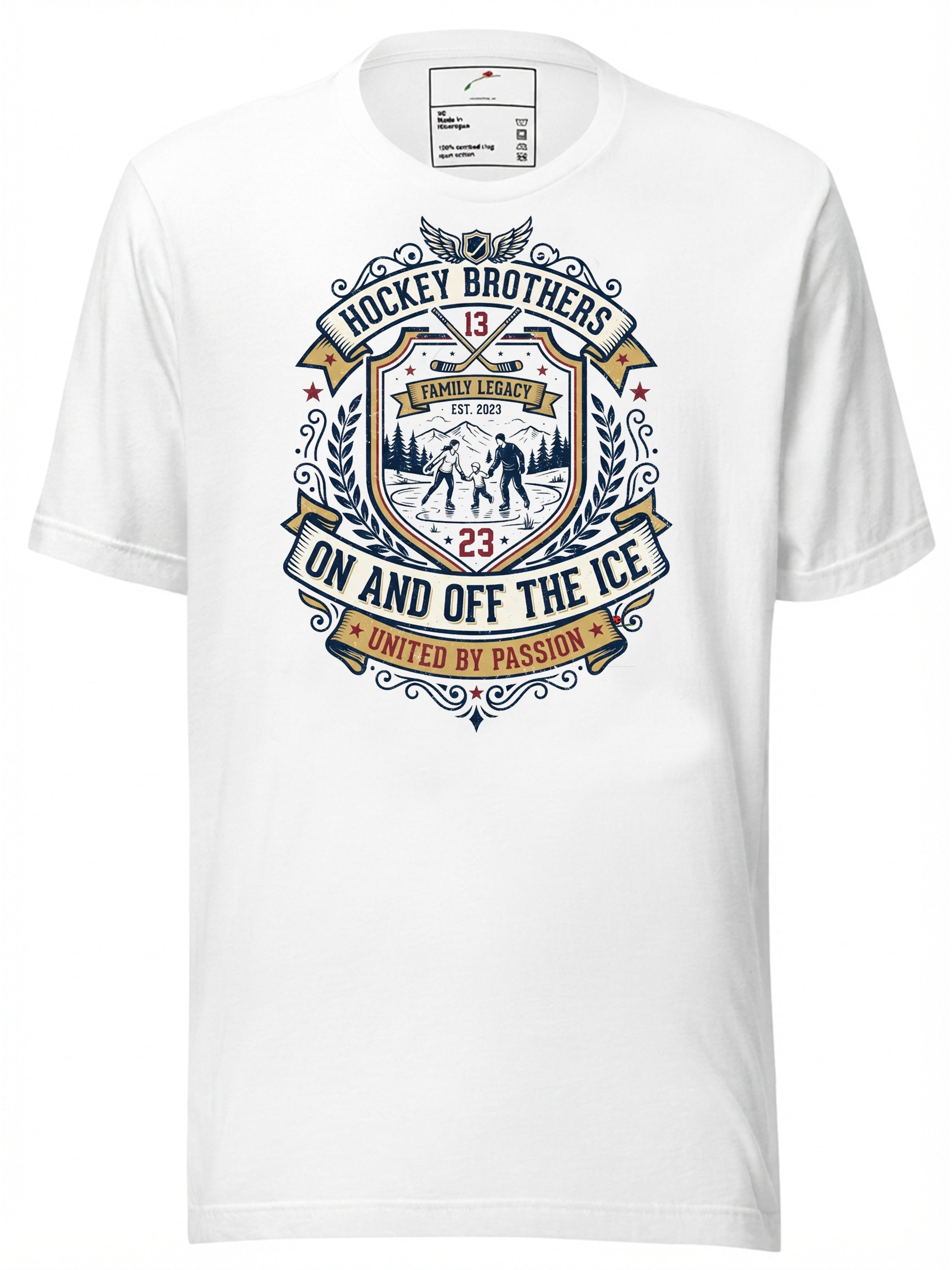 White T-Shirt from LuckeLadybug LLC featuring Hockey Brothers graphic and heritage family credit union design