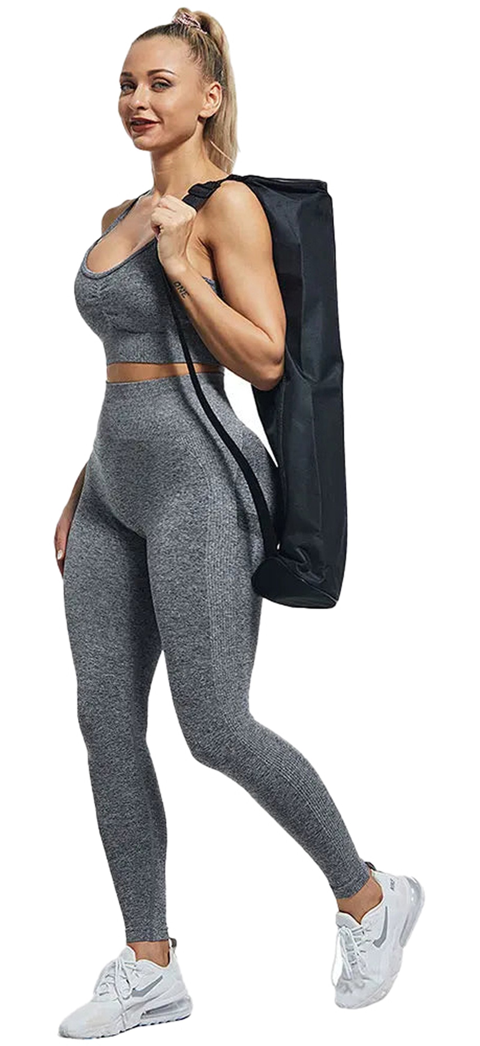 Stylish gray high waist bubble butt leggings paired with a matching top, perfect for workouts
