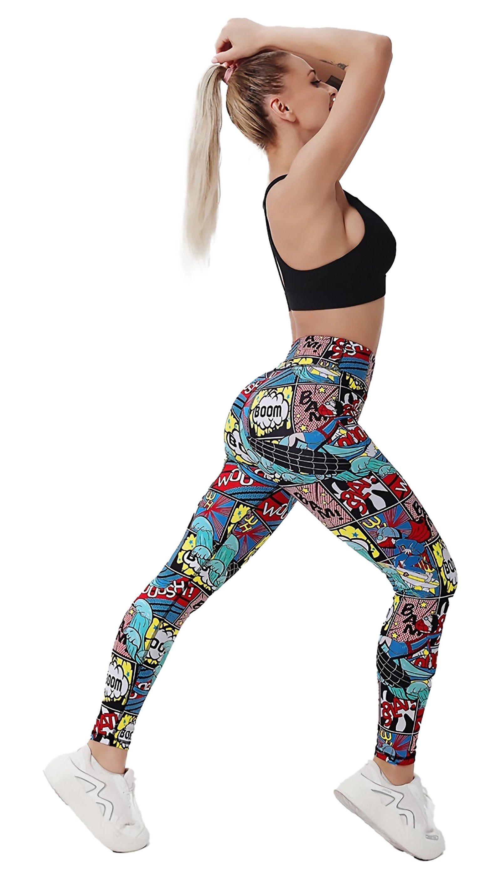 Stylish high waist cartoon print leggings in colorful design, perfect for casual wear or workout.