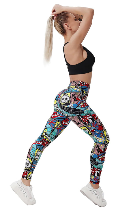Stylish high waist cartoon print leggings in colorful design, perfect for casual wear or workout.