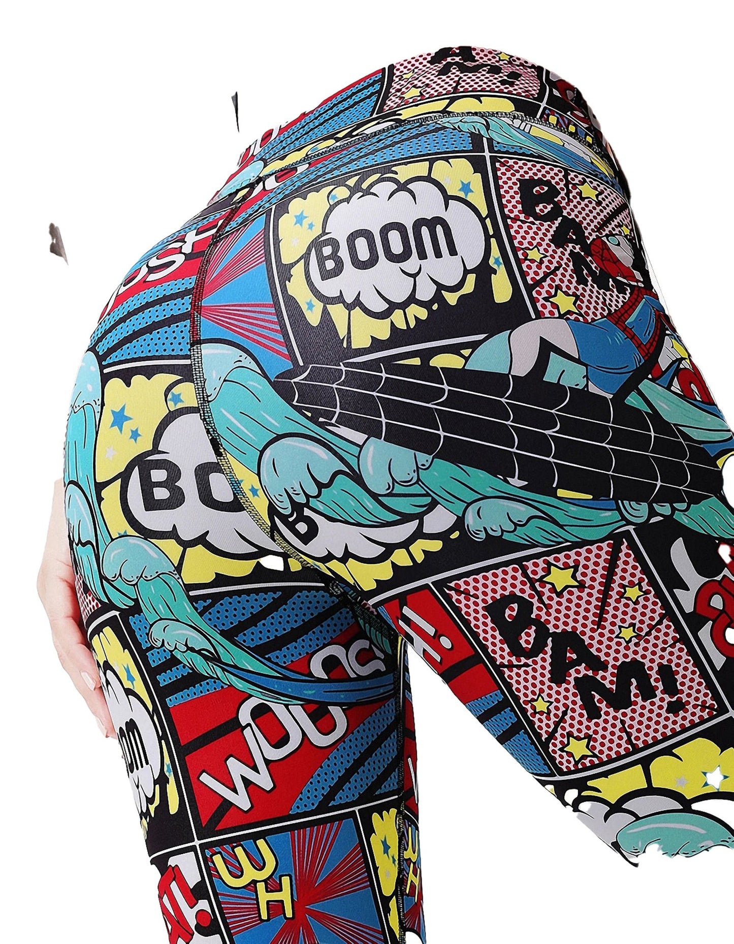 High waist cartoon print leggings featuring vibrant comic book graphics for a fun, stylish look