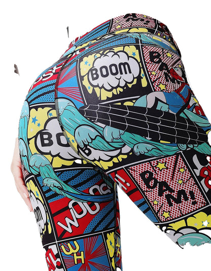 High waist cartoon print leggings featuring vibrant comic book graphics for a fun, stylish look