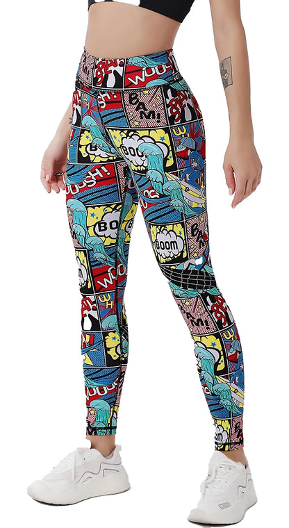 LuckeLadybug LLC high waist cartoon print leggings featuring vibrant comic book designs