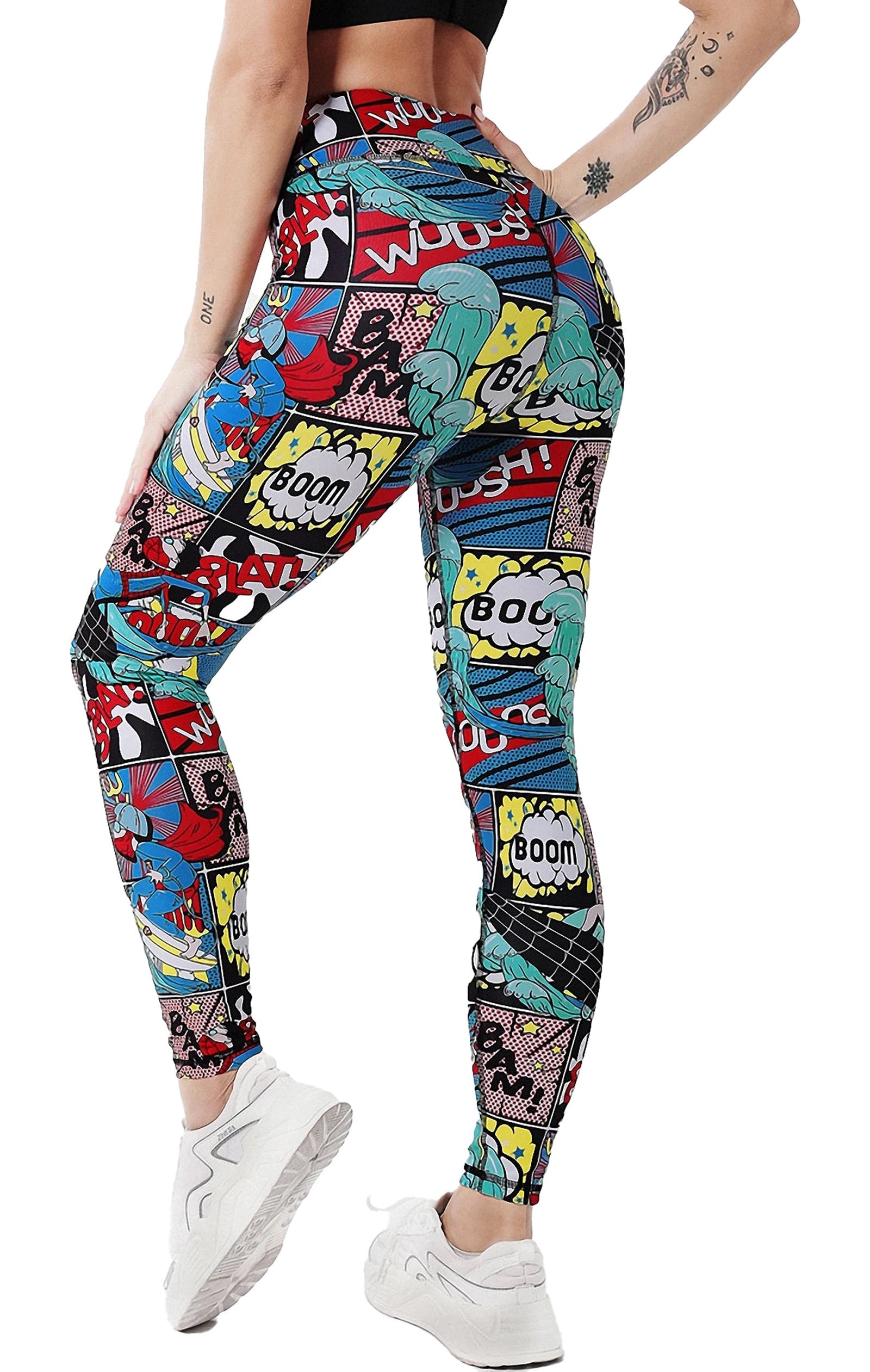 High waist cartoon print leggings featuring vibrant colors and a playful comic design