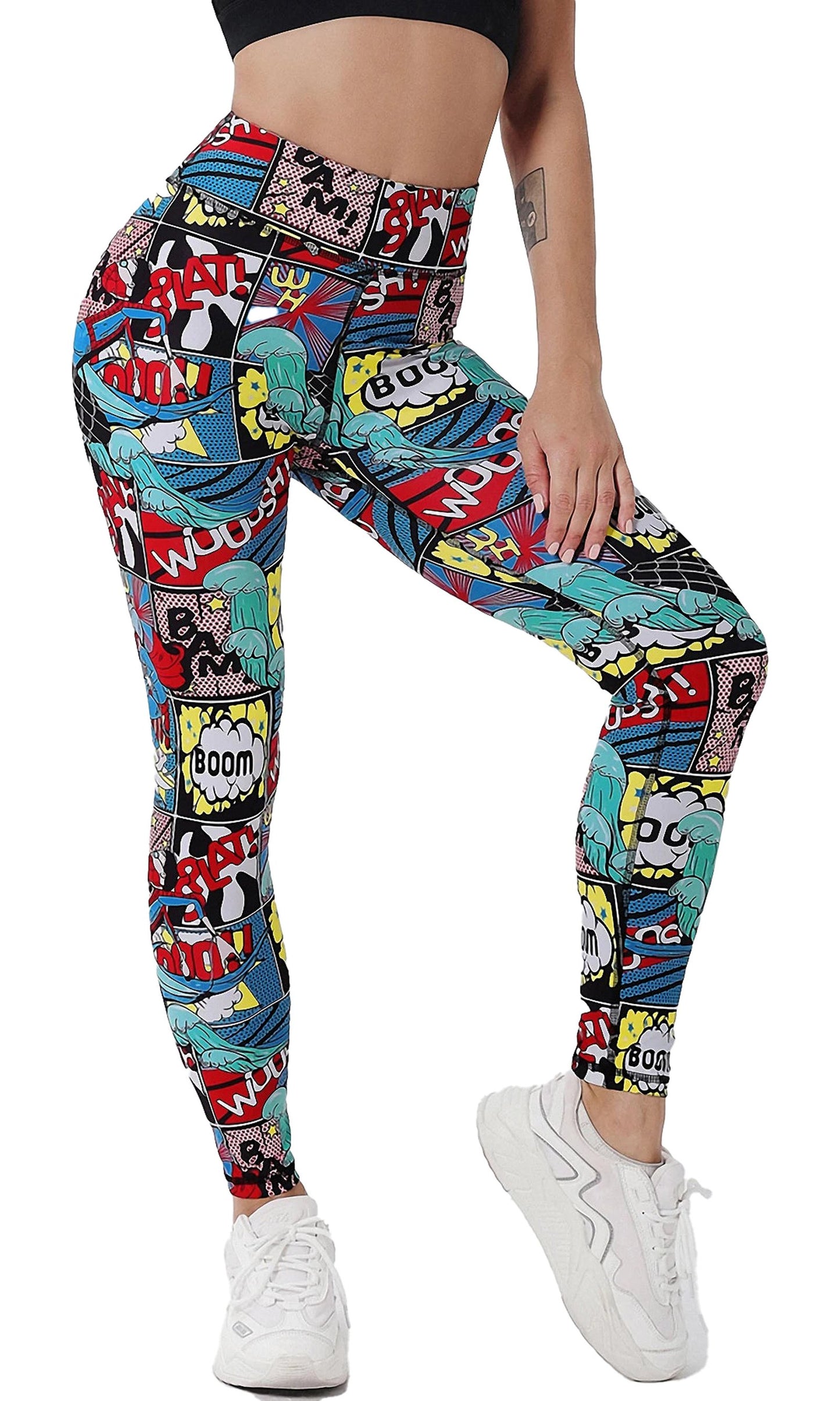 High waist cartoon print leggings featuring colorful comic book graphics for a fun fashion statement