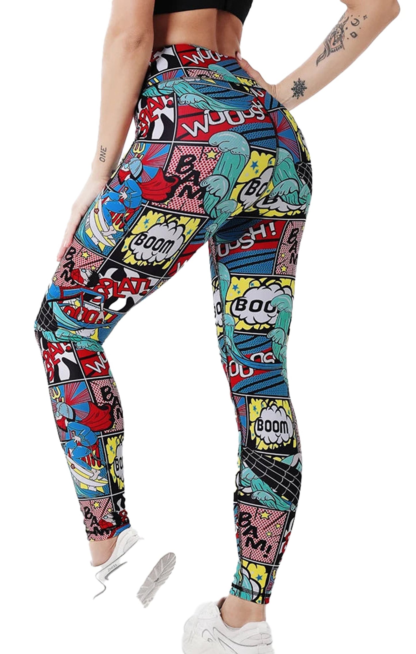 High waist cartoon print leggings with vibrant comic style graphics and a comfortable fit