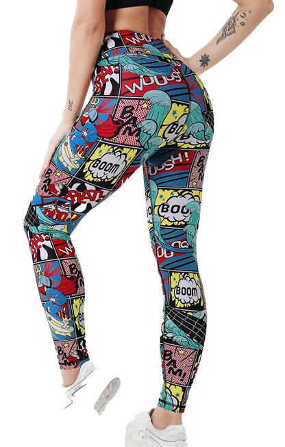 High waist cartoon print leggings with vibrant comic style graphics and a comfortable fit