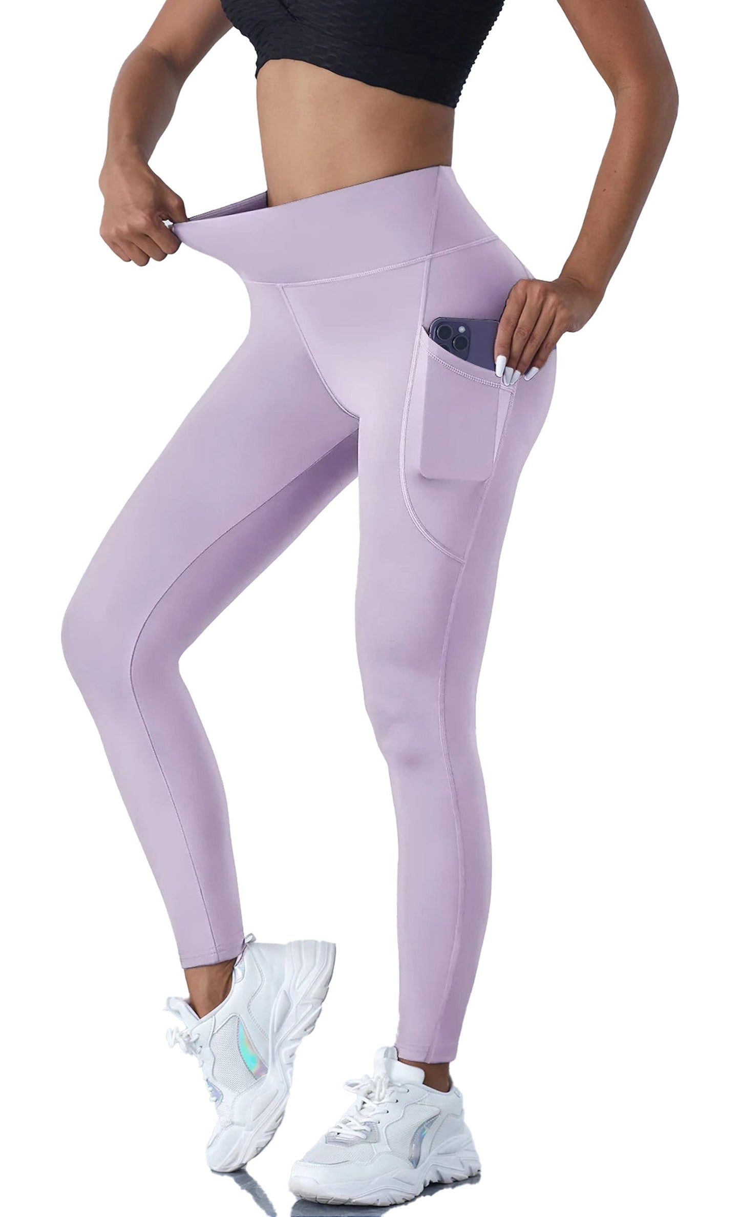 Light purple high waist leggings with pockets ideal for workouts and everyday wear