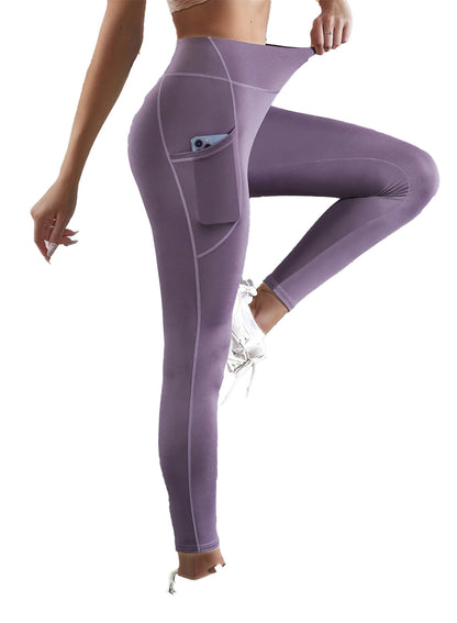Purple high waist leggings with pockets, designed for comfort and functionality during workouts