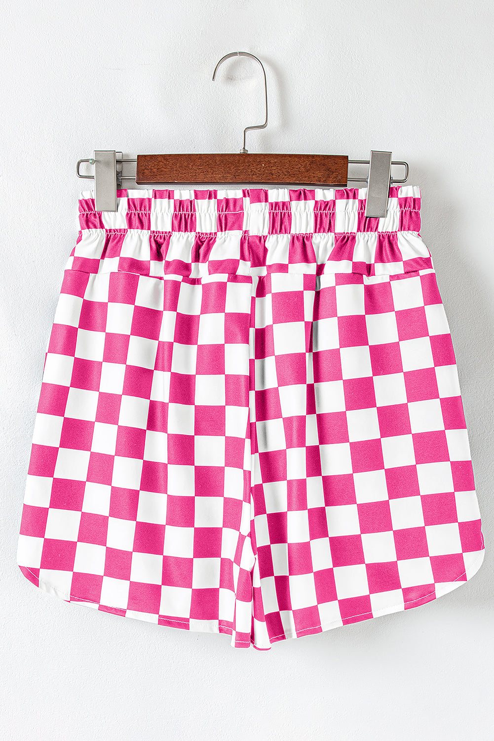 Pink and white checkered high-waist shorts with elastic waistband for a comfortable fit