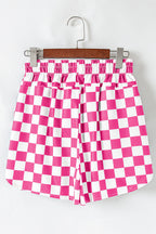 Pink and white checkered high-waist shorts with elastic waistband for a comfortable fit