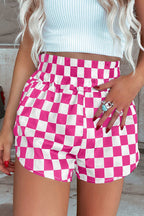 Pink and white checked high-waist shorts with a comfortable elastic waistband for stylish summer wear