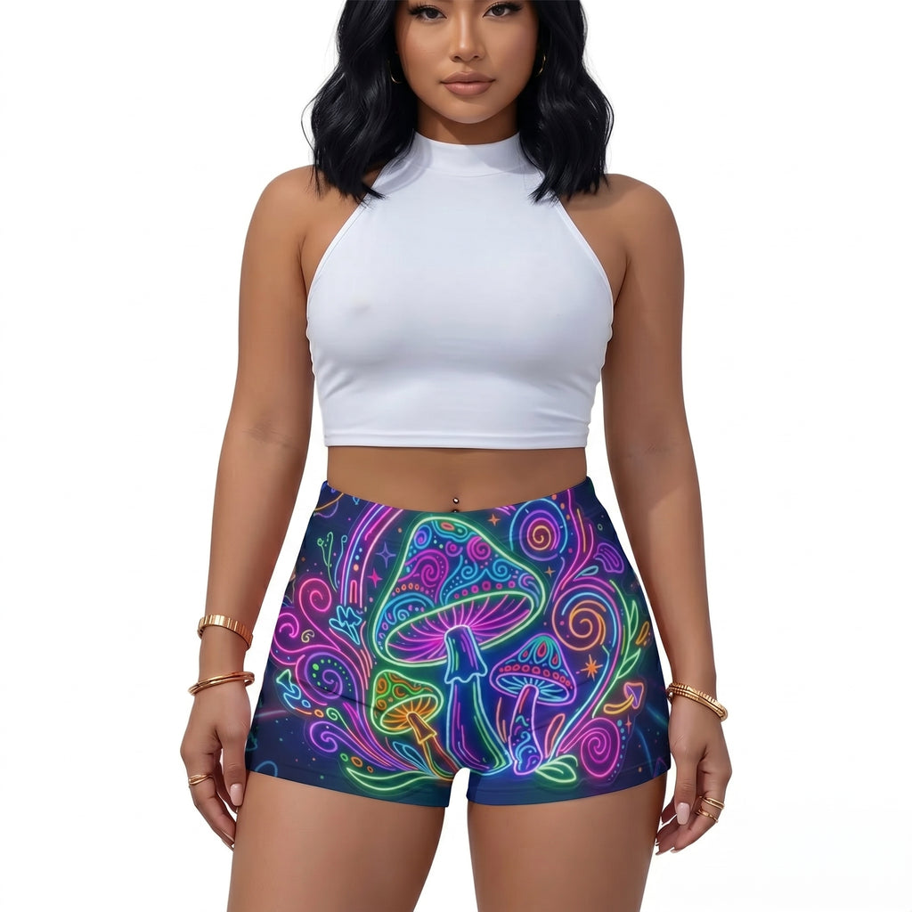 LuckeLadybug high-waist shorts with colorful mushroom design, ideal for yoga and active wear