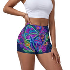 LuckeLadybug high-waist shorts with colorful psychedelic mushroom design for yoga and activewear