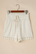 LuckeLAdybug LLC High-Waist Shorts in Cream with Crochet Trim and Adjustable Drawstring