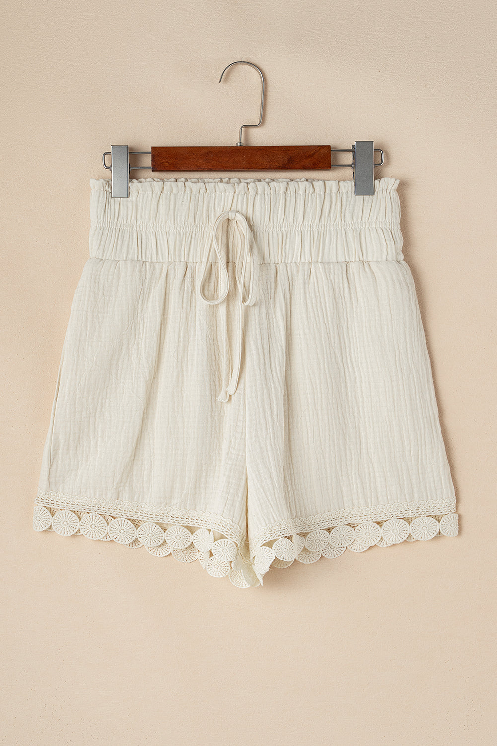 LuckeLAdybug LLC High-Waist Shorts in Cream with Crochet Trim and Adjustable Drawstring