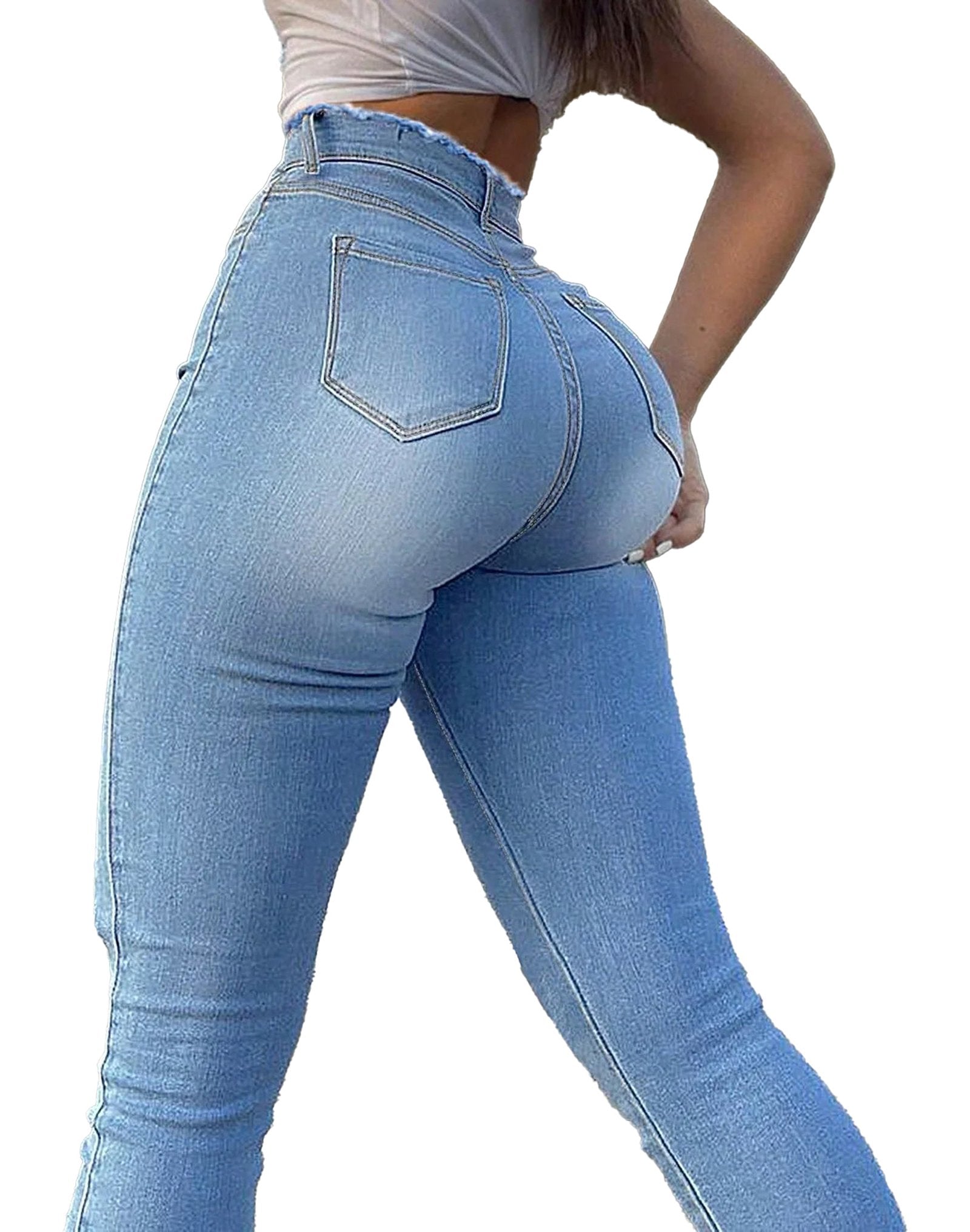 High waist skinny jeans for women in light blue denim with a flattering fit