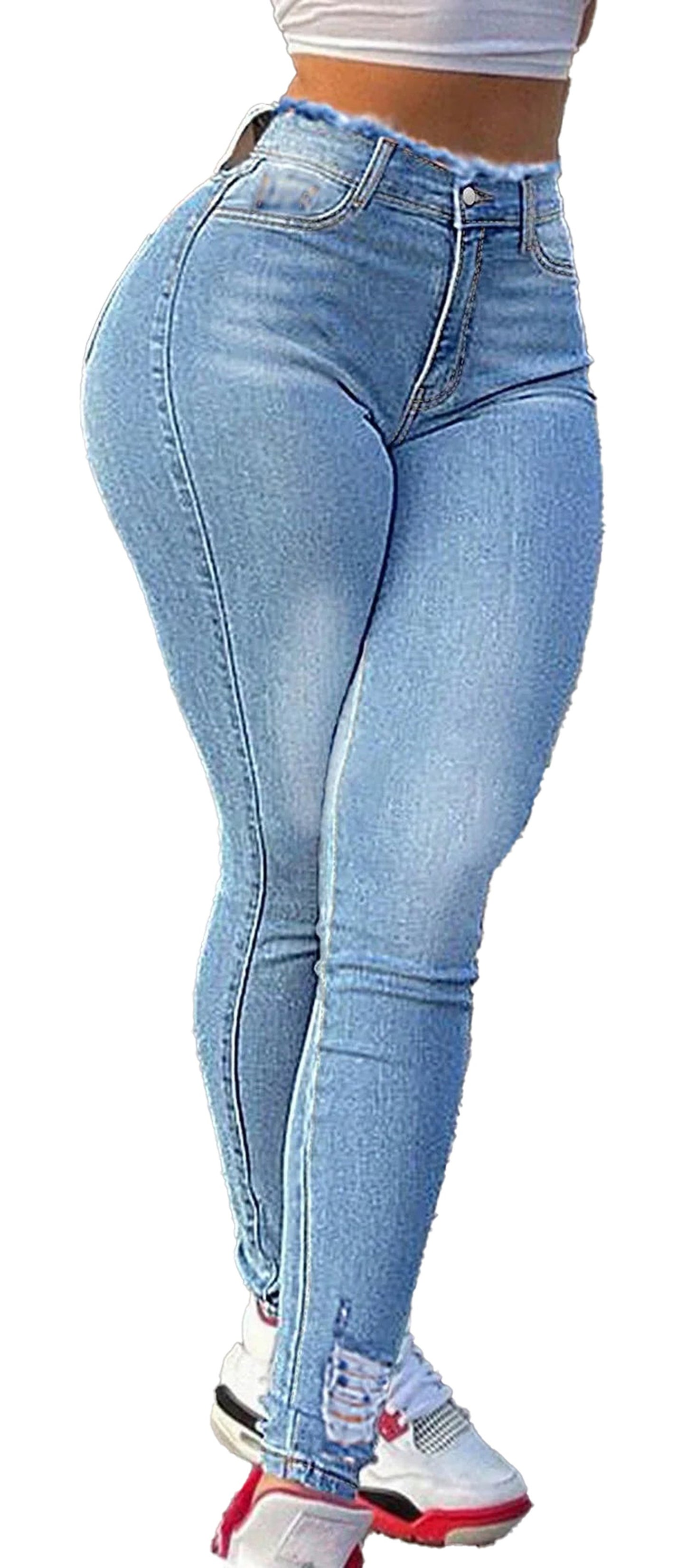 Light blue high waist skinny jeans for women designed for a stylish and flattering fit