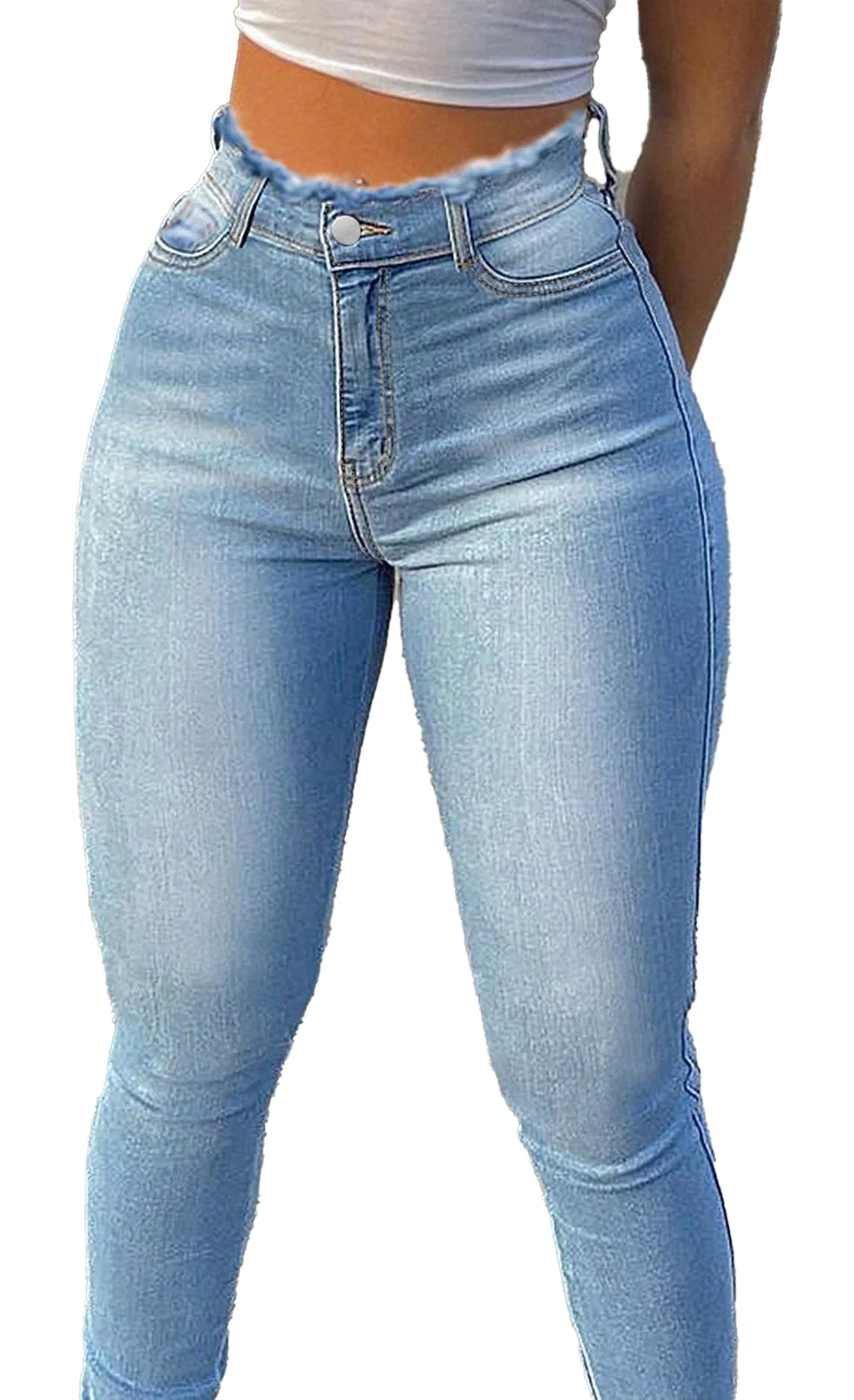 LuckeLadybug LLC high waist skinny jeans for women in light blue with a flattering fit