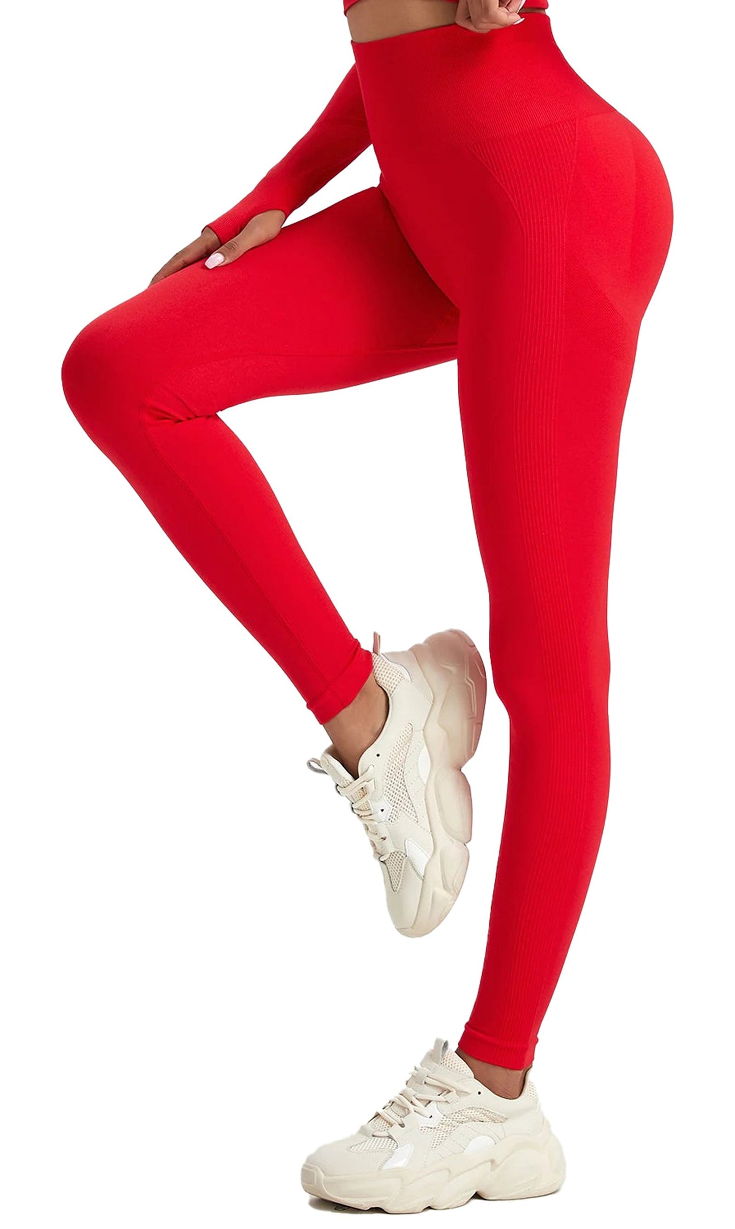 Bright red high waisted gym leggings for women with a sleek fit, perfect for workouts and casual wear.