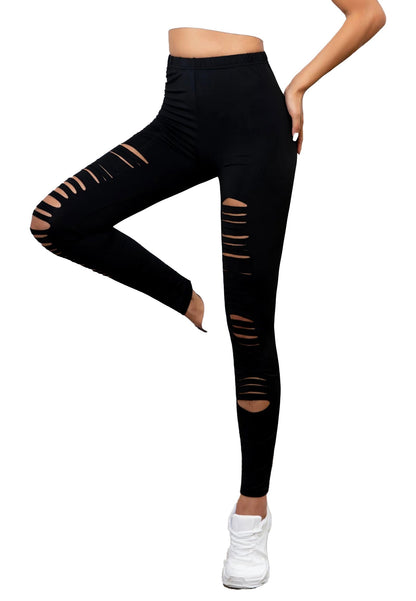 LuckeLadybug LLC high waisted ripped leggings for women in black with stylish cutouts for a trendy look