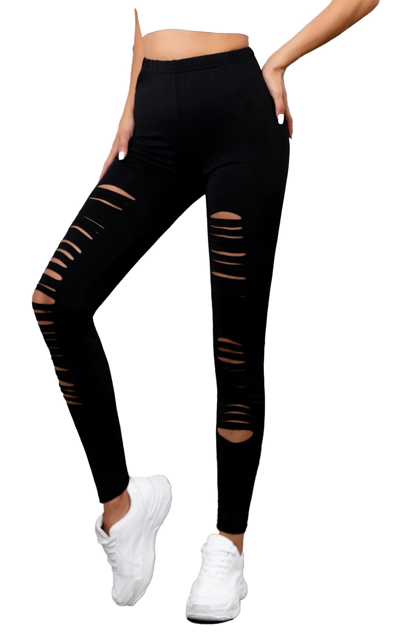 Black high waisted ripped leggings for women with stylish cutouts and a comfortable