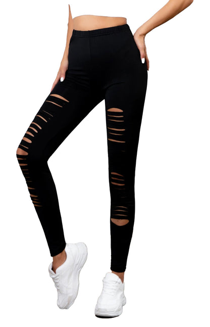 Black high waisted ripped leggings for women with stylish cutouts and a comfortable