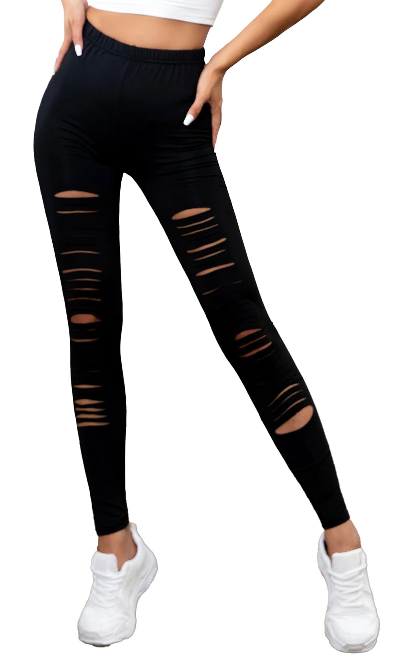 LuckeLadybug high waisted ripped leggings for women in black with stylish cutouts