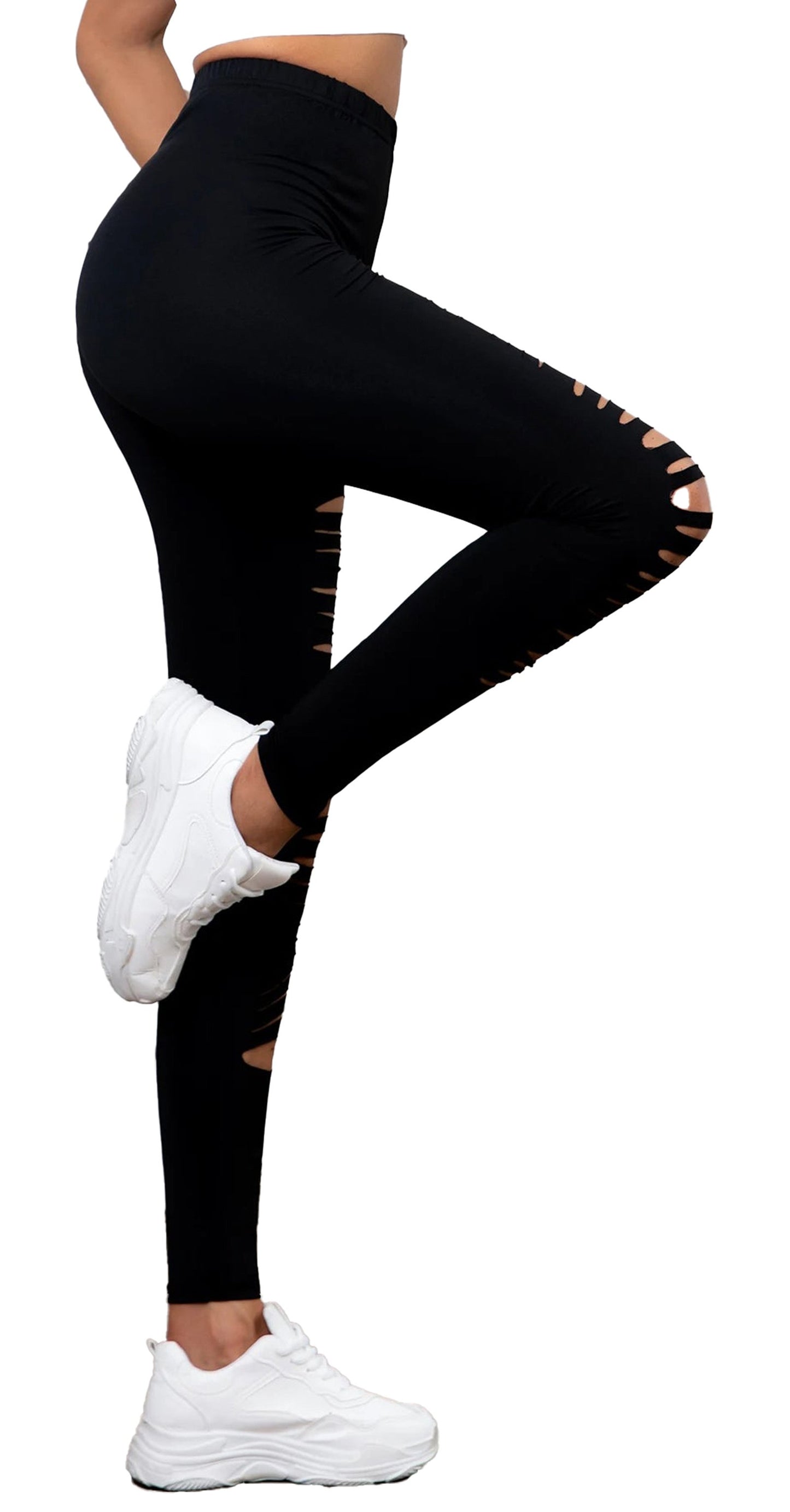 Black high waisted ripped leggings for women with stylish cutouts and a comfortable fit