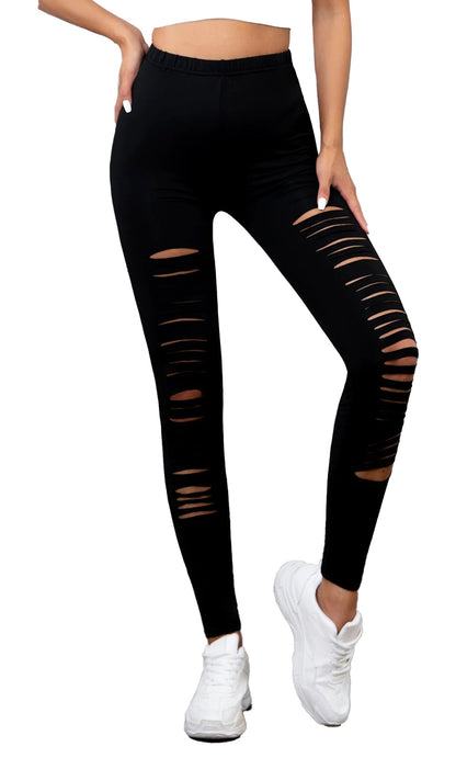 Stylish high waisted ripped leggings for women in black, perfect for casual or active wear