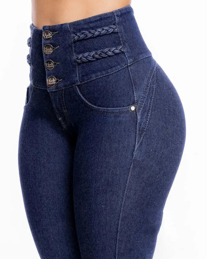 High waisted skinny jeans for women with braided detail and button closure from LuckeLadybug LLC