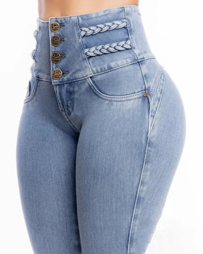 LuckeLadybug high waisted skinny jeans for women with a stylish braided design and button detailing