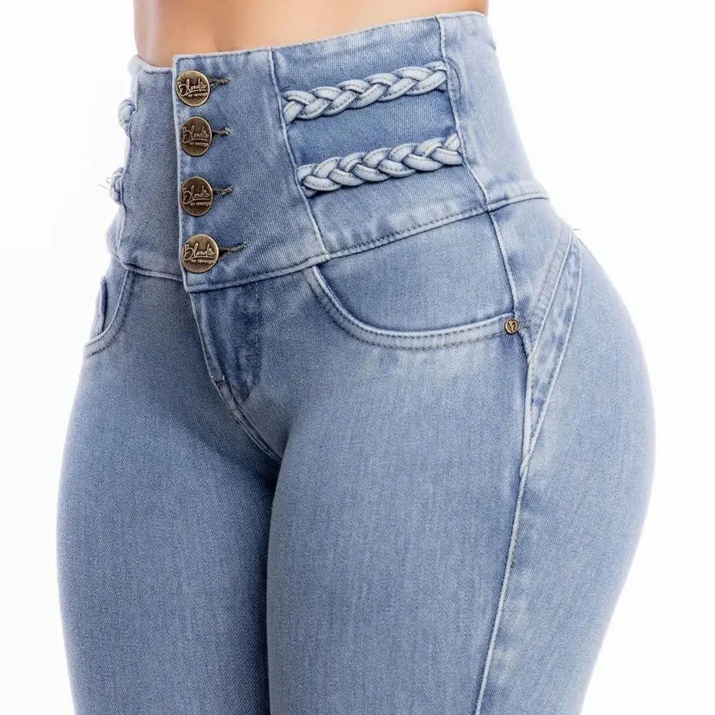 High waisted skinny jeans for women with braided details and button closure from LuckeLadybug LLC