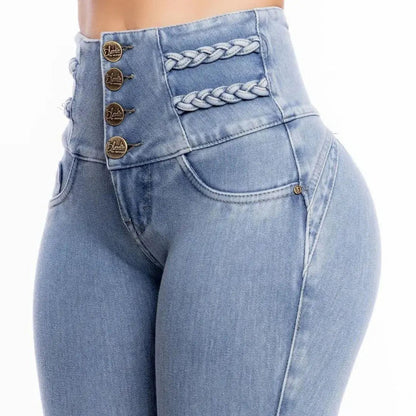 High waisted skinny jeans for women with braided details and button closure from LuckeLadybug LLC