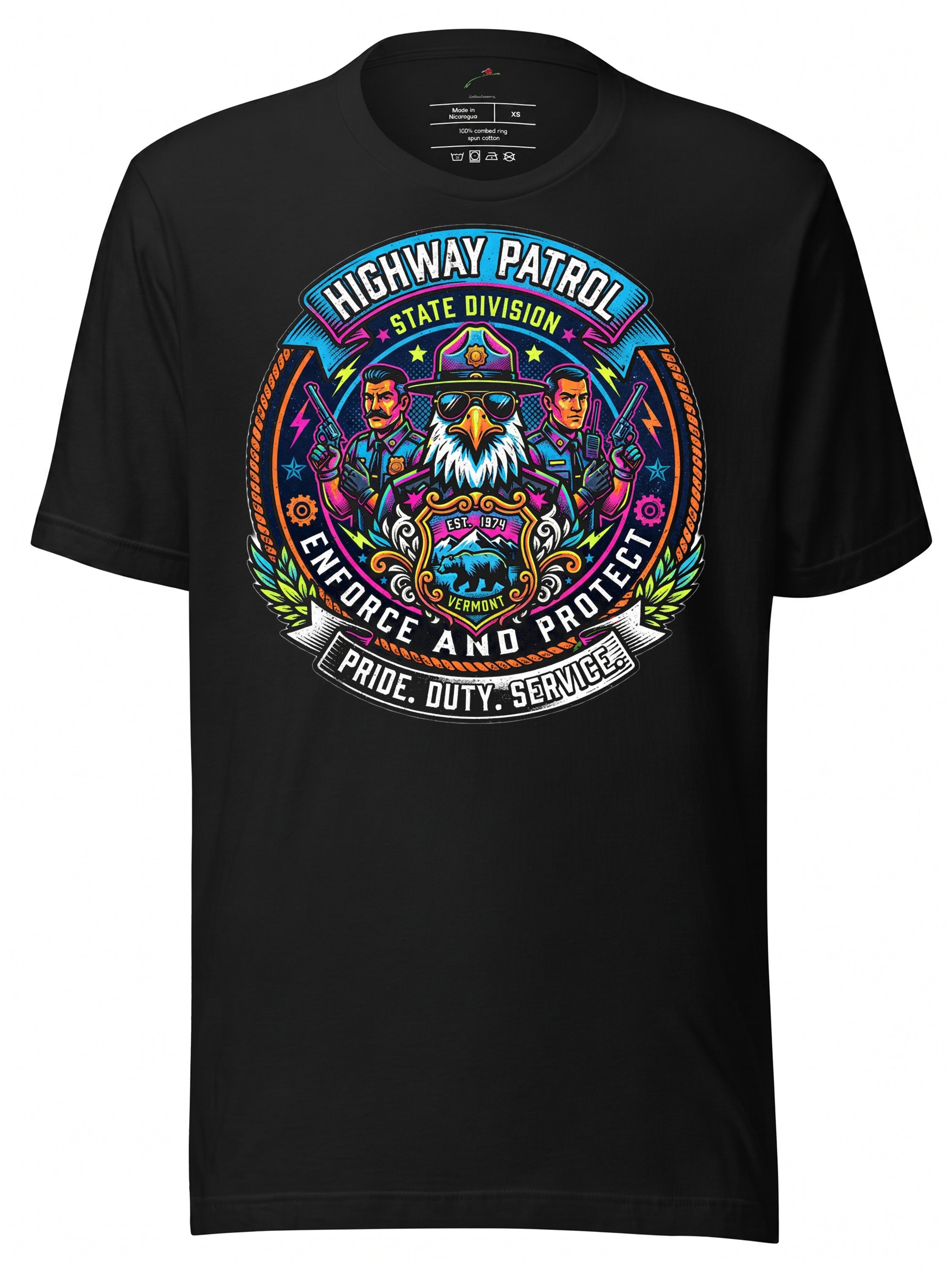 LuckeLadybug LLC Graphic Tees T Shirt featuring a colorful Highway Patrol design with eagle and law enforcement motifs