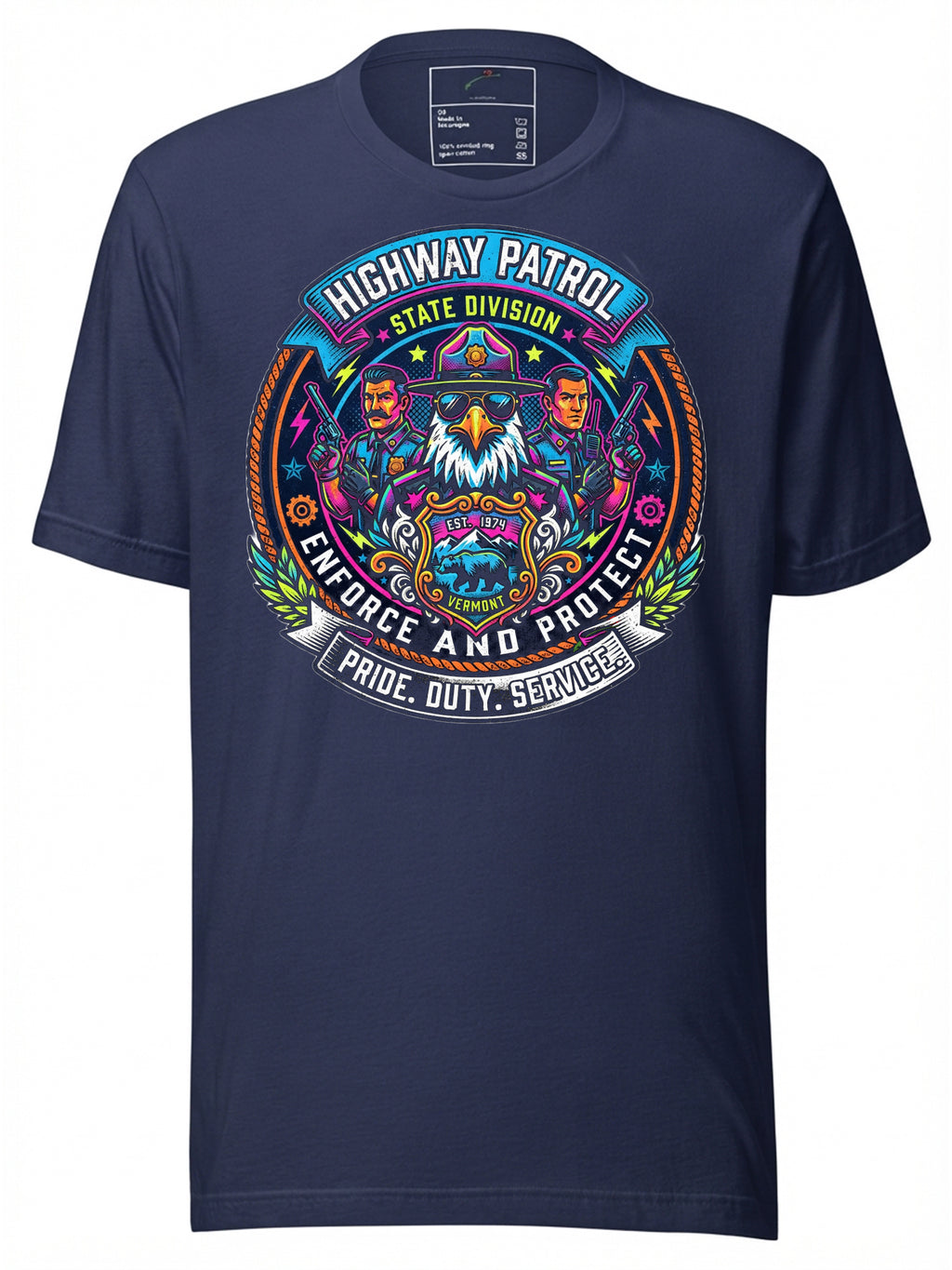 Navy graphic tees t shirt featuring colorful Highway Patrol design with an eagle and bold text
