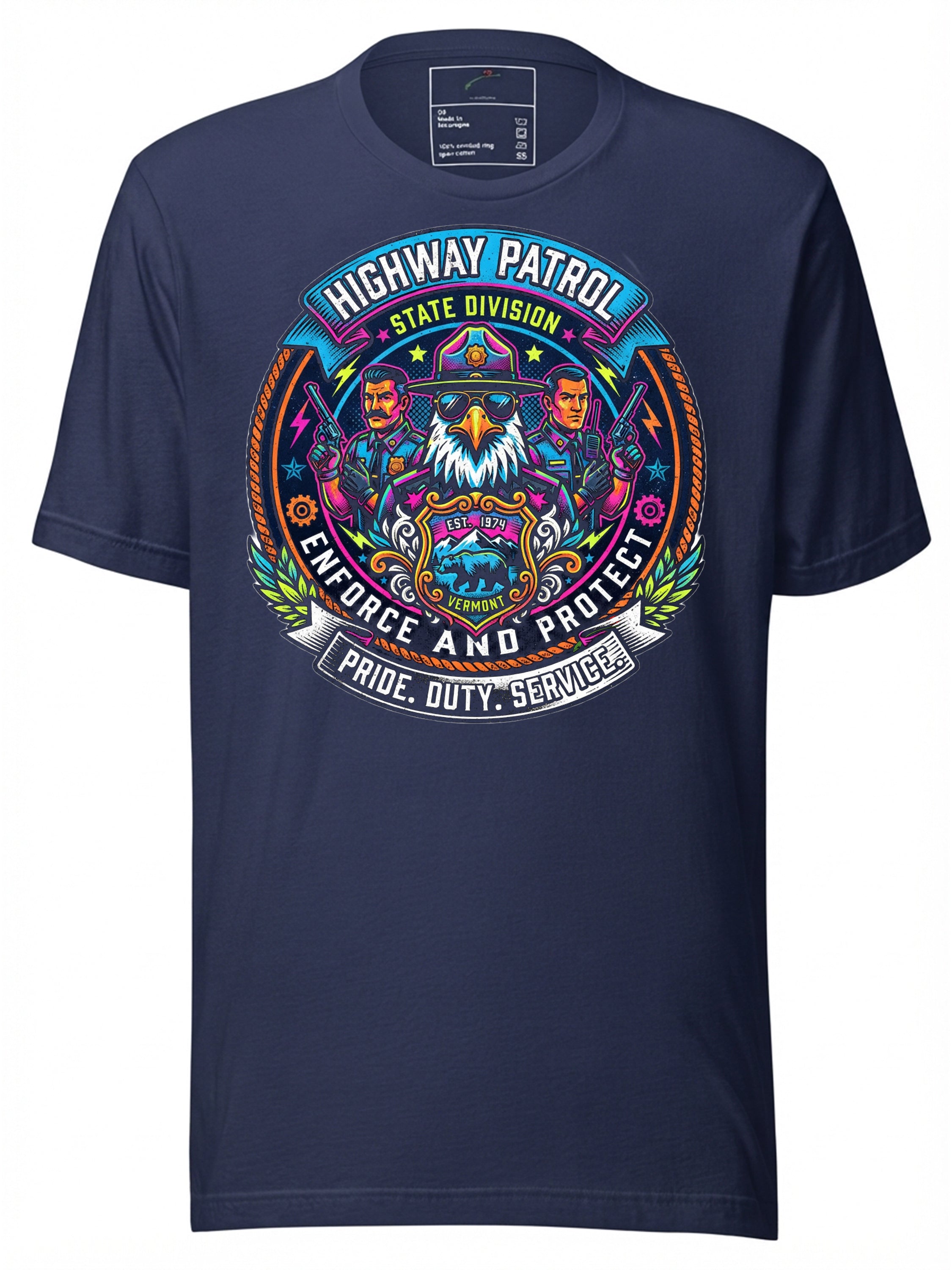 Navy graphic tees t shirt featuring colorful Highway Patrol design with an eagle and bold text