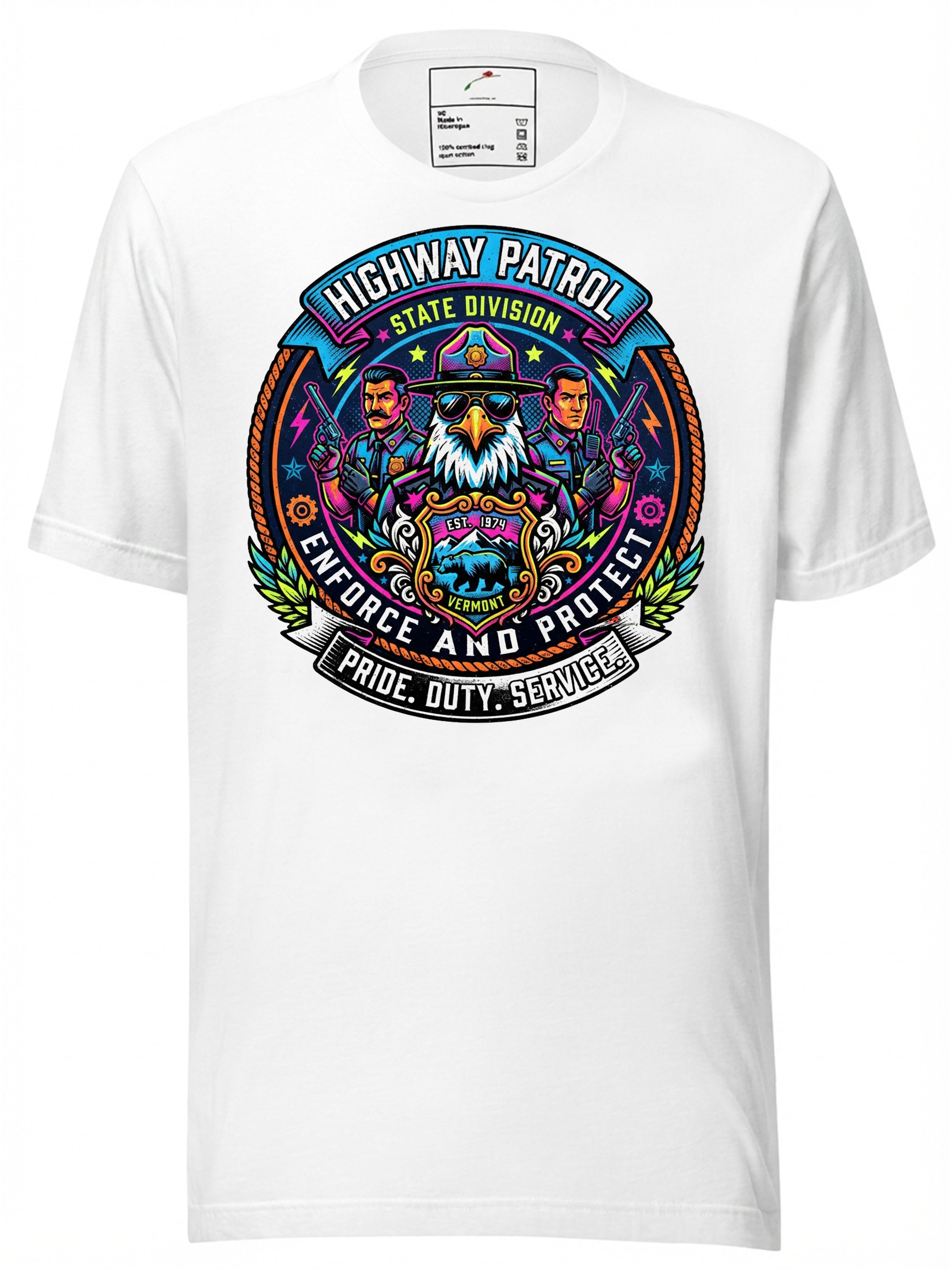 Unique graphic tees t shirt featuring bold Highway Patrol design with vibrant colors and artistic elements