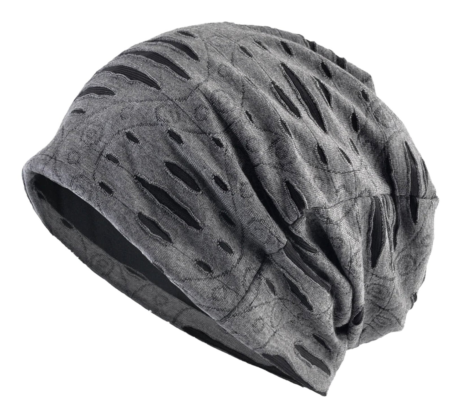 Stylish gray hip hop beanie hat with unique distressed design for trendy streetwear
