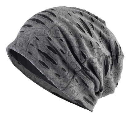 Stylish gray hip hop beanie hat with unique distressed design for trendy streetwear