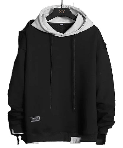 Stylish oversized hip hop hoodie for men in black with layered look and adjustable drawstrings