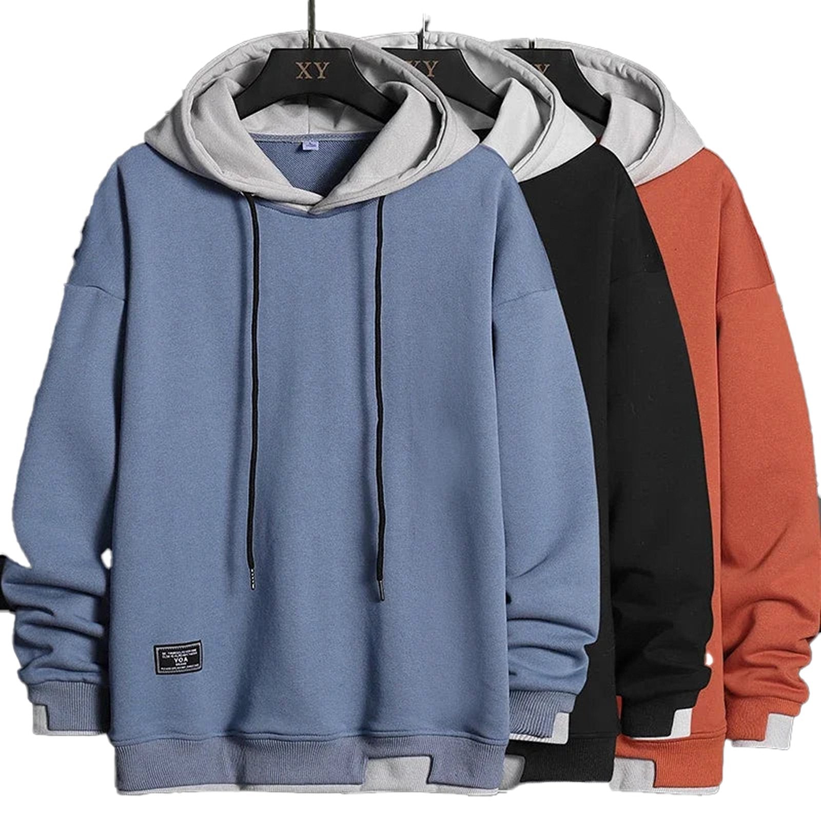 LuckeLadybug oversized hip hop hoodie for men available in blue, black, and rust colors with a comfortable fit