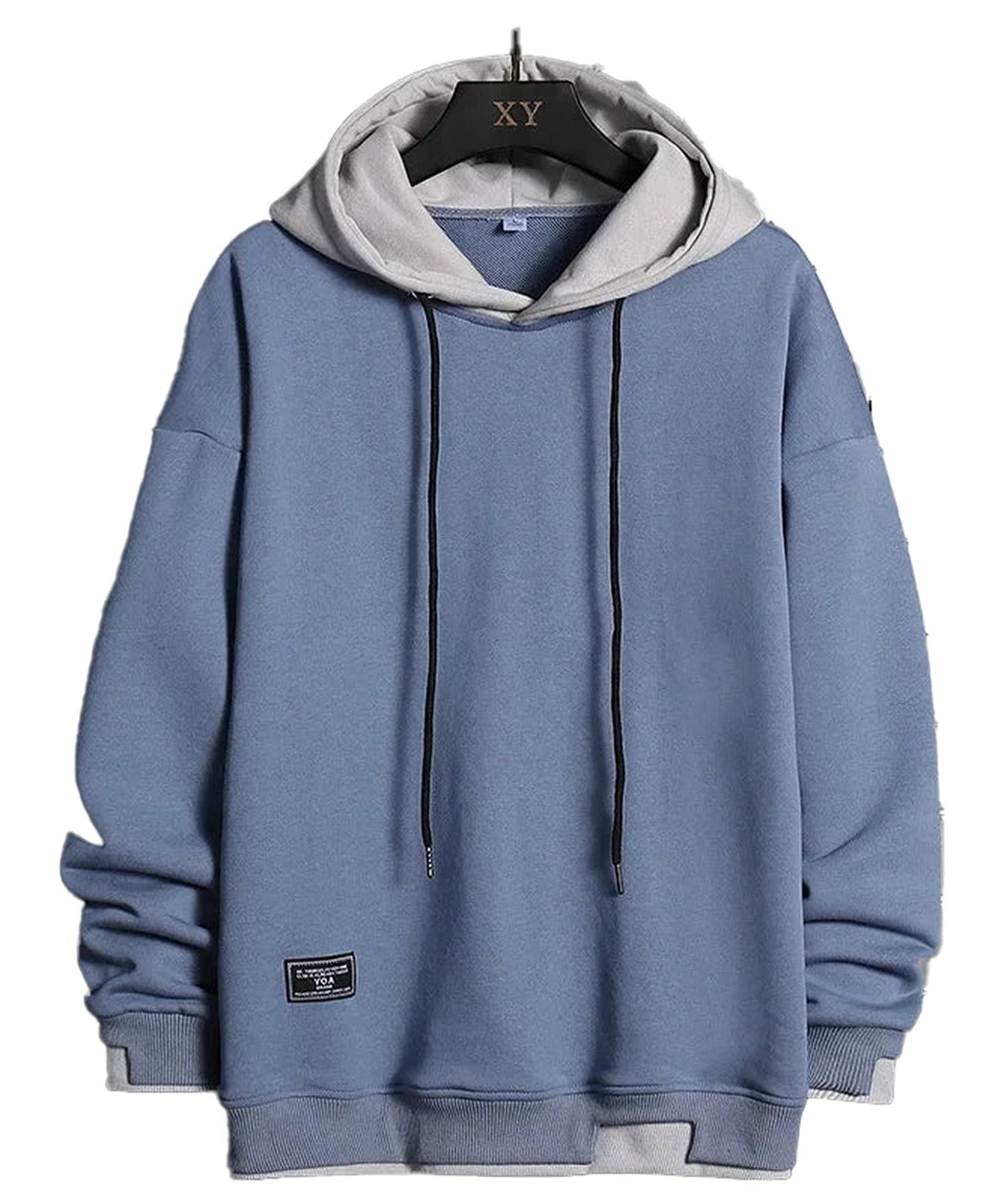 LuckeLadybug oversized hip hop hoodie for men in blue with a layered look and adjustable drawstring