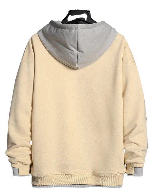 Back view of an oversized hip hop hoodie for men in beige and gray with a spacious fit
