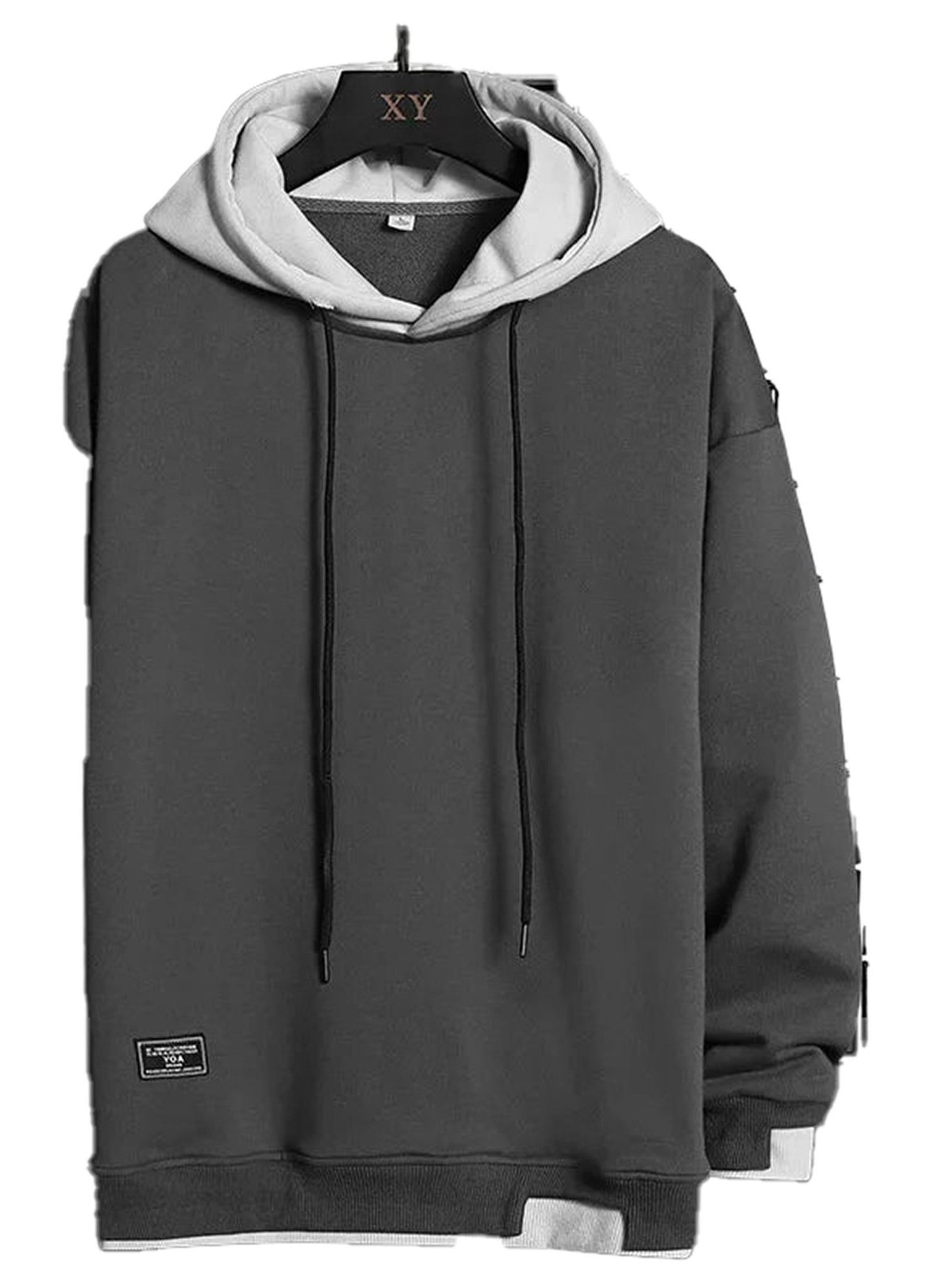 LuckeLadybug oversized hip hop hoodie for men in gray with a layered design and adjustable hood