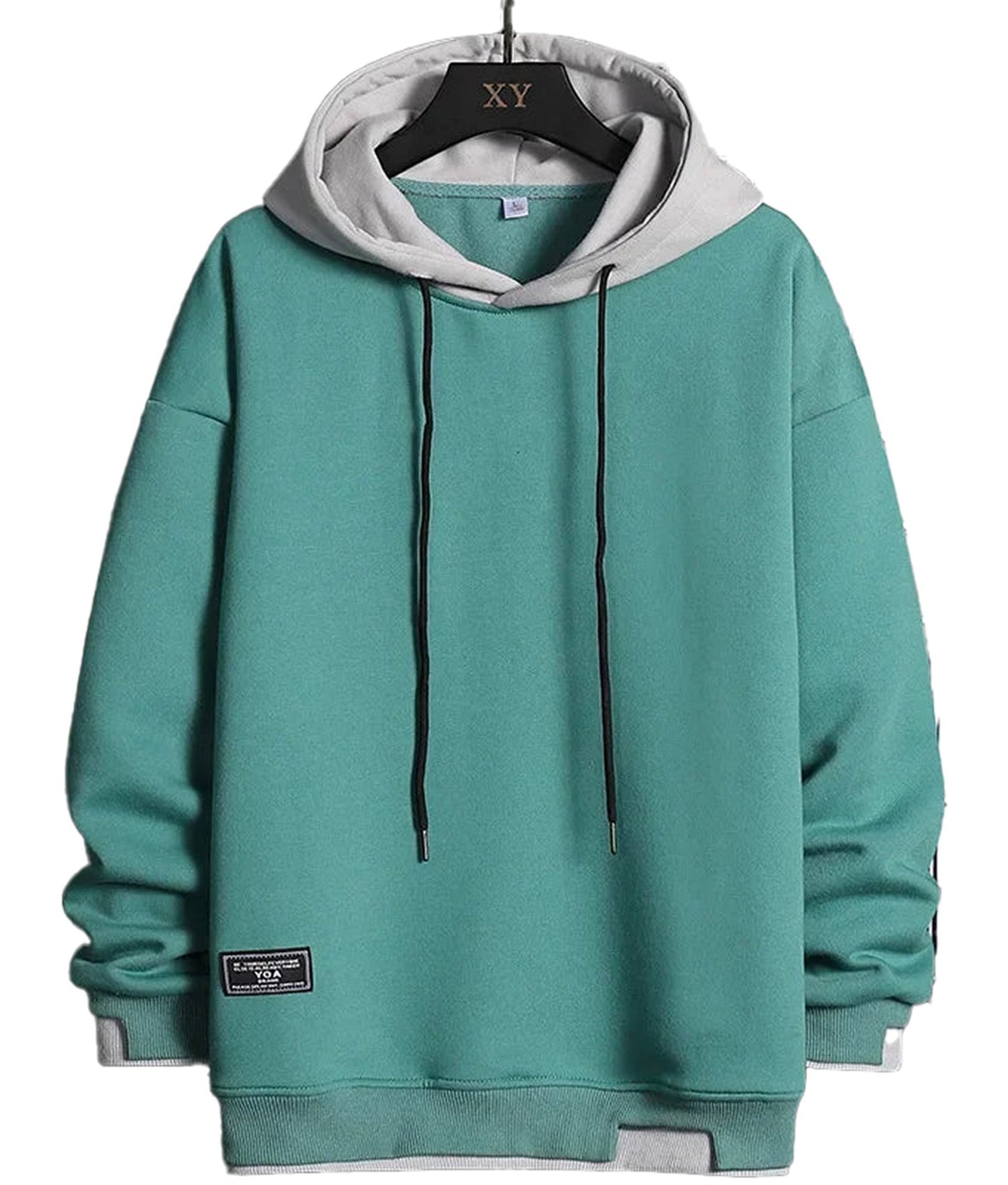 Oversized hip hop hoodie for men in teal with contrasting gray hood and comfortable fit