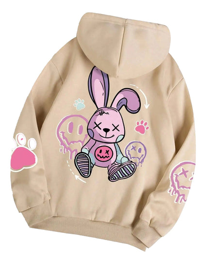 Hip hop printed oversized hoodie for women in beige with cartoon bunny and playful designs