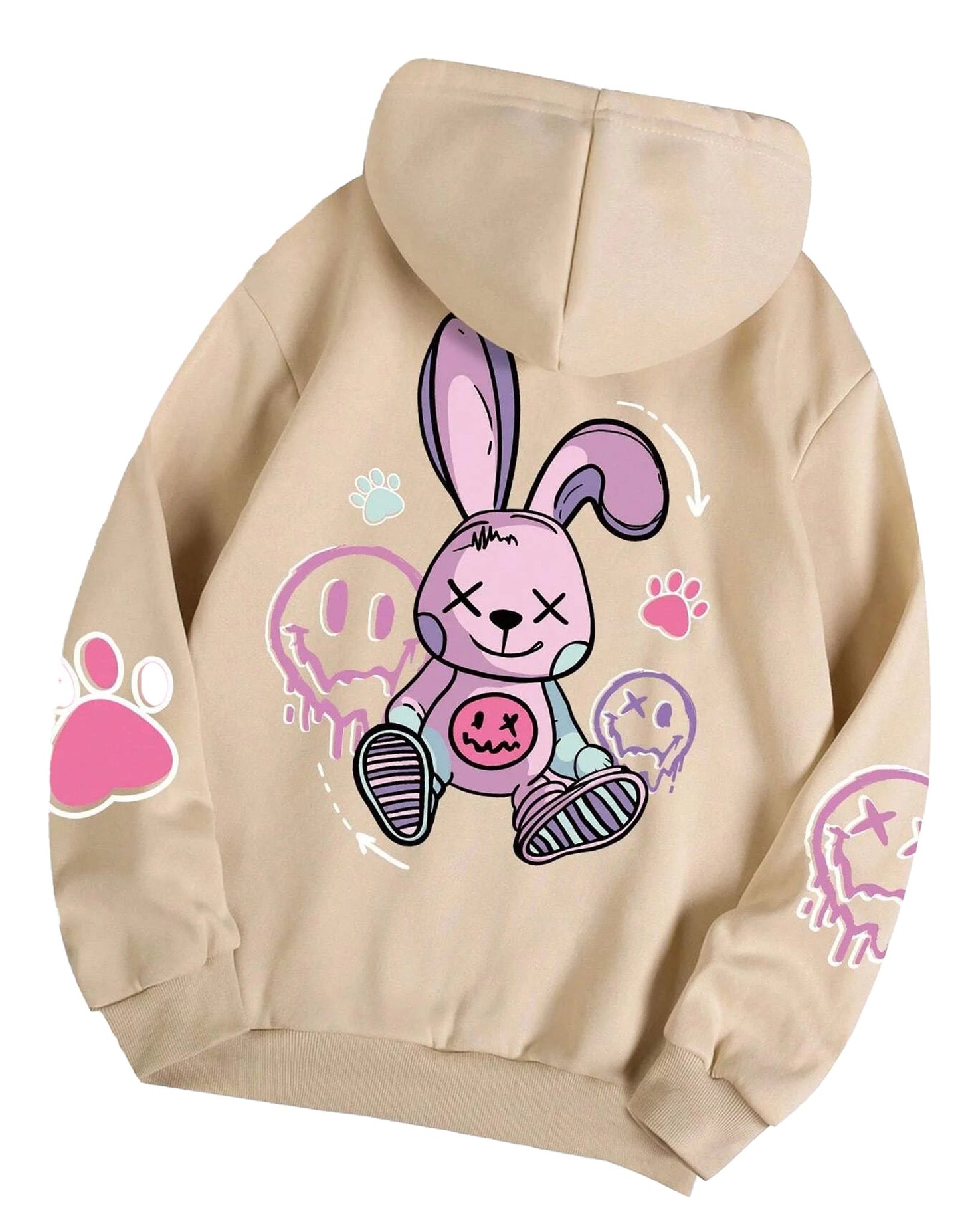 Hip hop printed oversized hoodie for women featuring a cute bunny graphic on the back