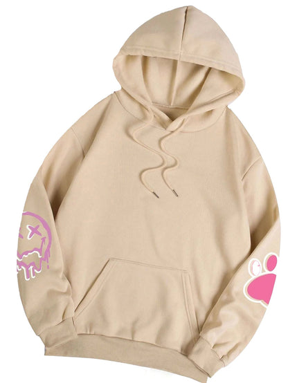 LuckeLadybug LLC hip hop printed oversized hoodie for women in beige with graphic designs on sleeves